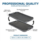 Viking Griddle, 20 Inch Reversible Cast Iron Grill Pan, Pre-Seasoned, Oven Safe, Hand Wash Only, Black