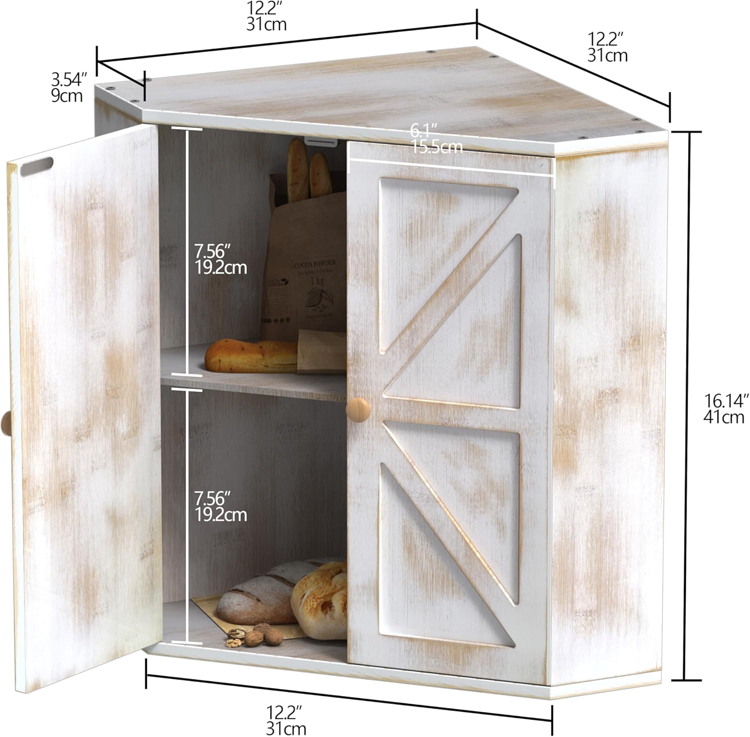 Corner Bread Box for Kitchen Counter Double Layer Bamboo Bread Storage Container Large Capacity Bread Storage Bin Farmhouse Breadbox Organizer