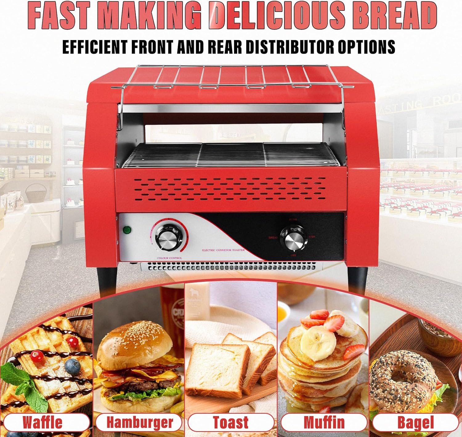 Commercial Conveyor Toaster 450 Slices/Hour Red Conveyor Toaster 3 Modes/7 Speeds Stainless Steel Tabletop Toaster for Toast, Bagels and Other Baked Breads