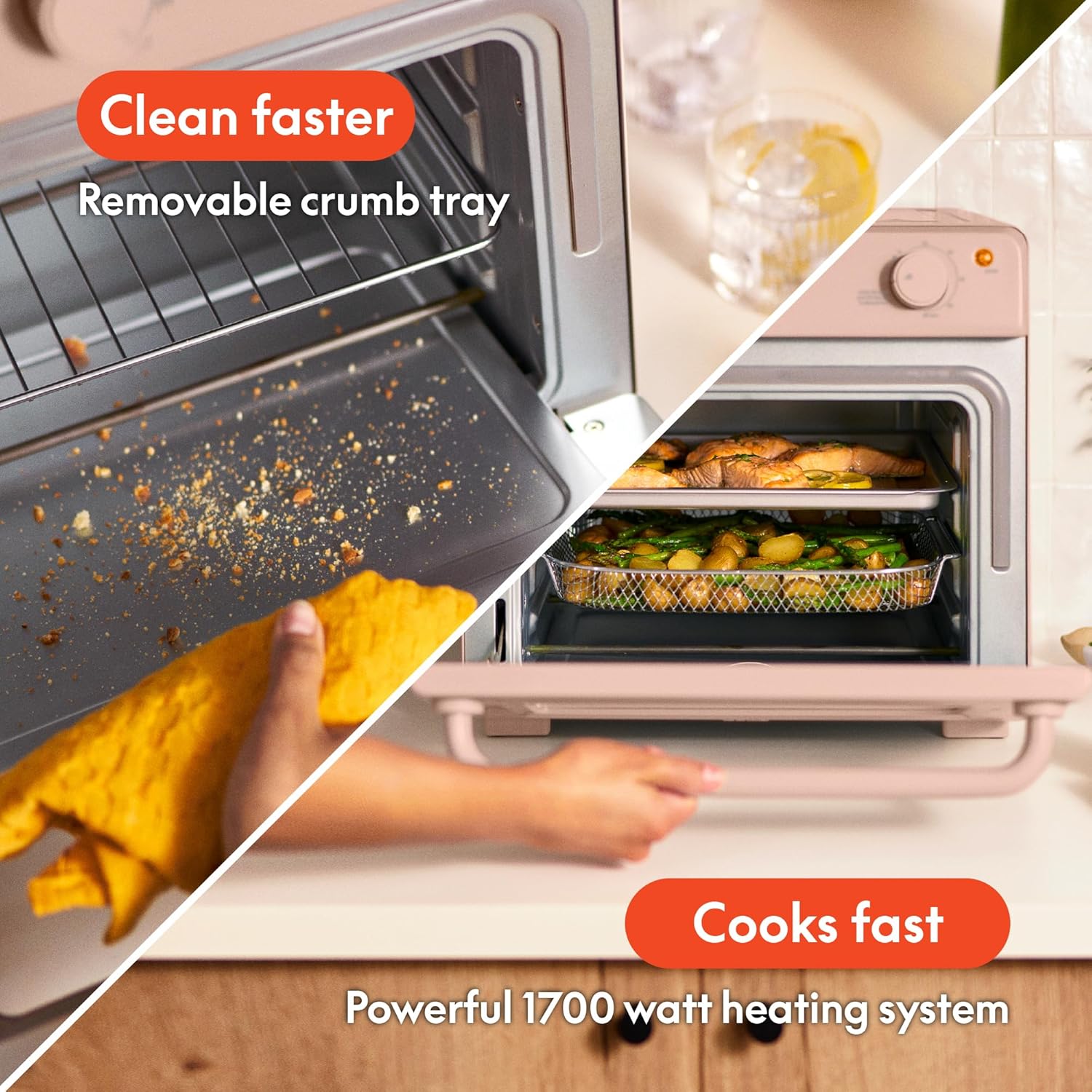 bella Air Fry Toaster Oven, 7 Preset Cooking Options, Dishwasher-Safe EverGood Coated Trays Included, 60-Minute Auto Shutoff w Audible Timer, Power Indicator Light, 1700 Watt, Blossom