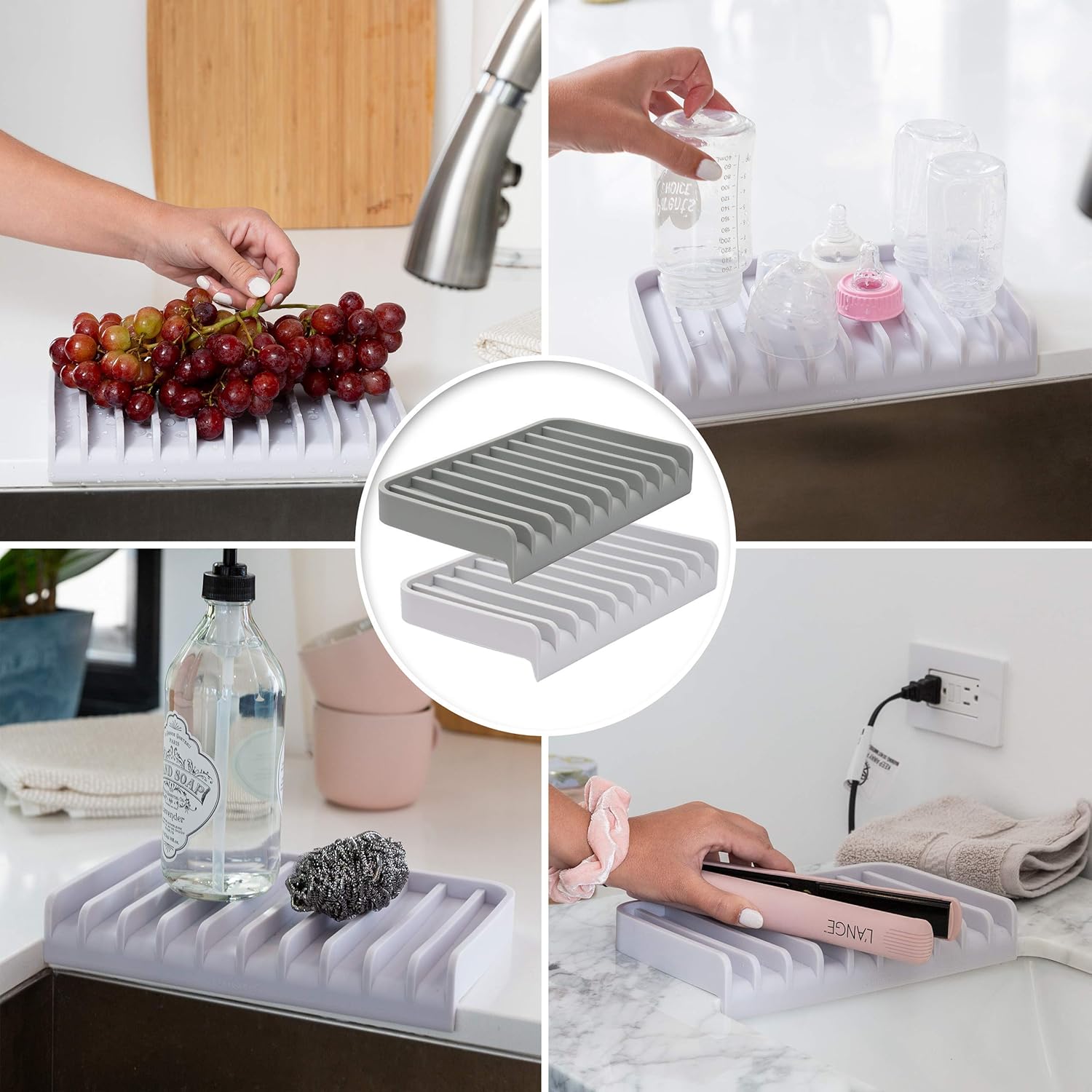 Effilogic Silicone Sponge Holder – Self-Draining Kitchen Sink Organizer, Quick Dry Mat and Counter Protector – Dishwashing Accessories for Sponges, Brushes, and Soap - Large White