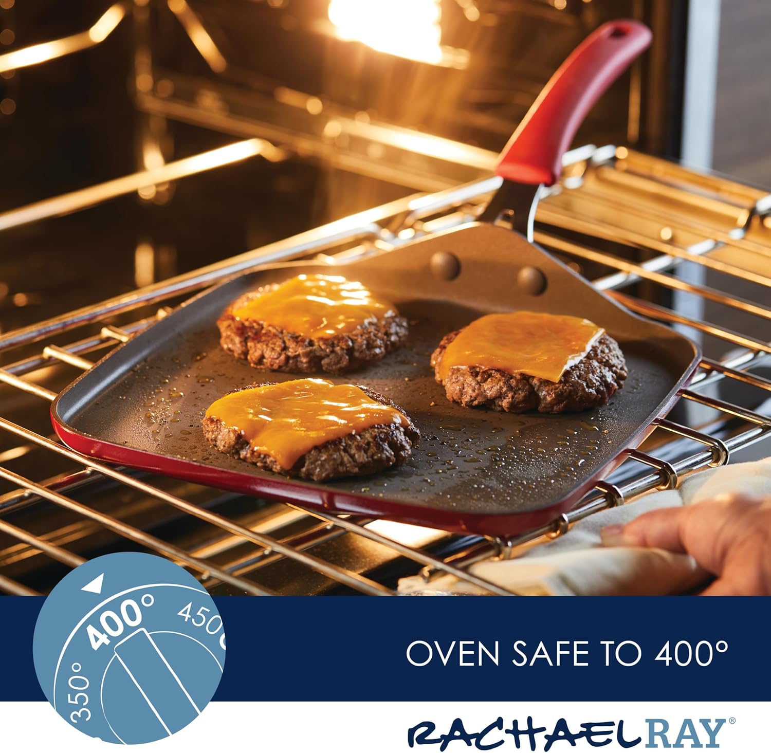 Rachael Ray Cook + Create Nonstick Stovetop Griddle/Grill Pan, Square, 11 Inch, Red