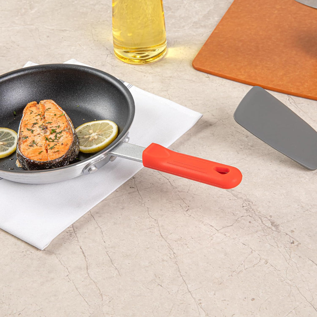 Restaurantware Pan Handle Sleeve 1 Pack Of 4.25" Removable Silicone Pot Handle Holder Fits 8-inch And 9-inch Pans No-Slip Heat-Resistant Dishwashable Red Aluminum Fry Pan Covers for Home Kitchen