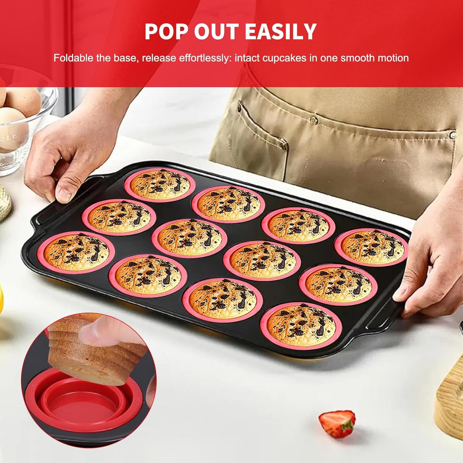 Silicone Muffin Pan with Metal Frame, Egg Bite Maker Silicone Molds for Baking, Cupcake Pans 12 Regular Size, Muffin Tins Easy to Pop Nonstick Non Toxic Bakeware for Oven (Yellow-6)