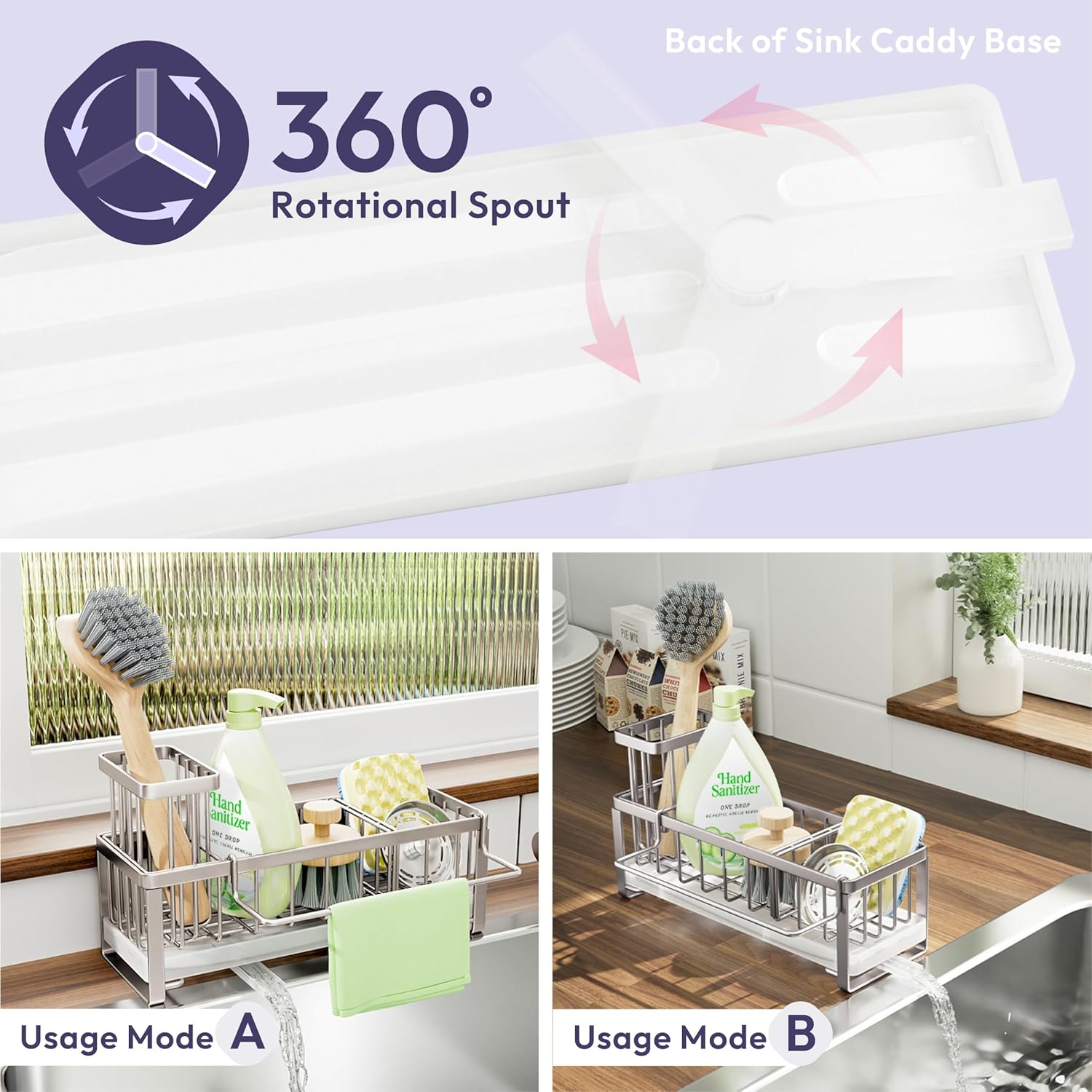 SWTYMIKI Sponge Holder for Kitchen Sink - Sink Caddy with Brush Holder Self-draining Sponge Caddy Organizer with Divider Stainless Steel Kitchen Accessories Storage for Countertop, Silver