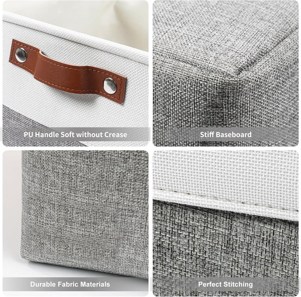 Large Fabric Storage Baskets | 50L Storage Bins, Decorative Linen Closet Baskets with Handles for Organizing, Shelf, Toys, Clothes, Home, Office, Nursery, 17x12x15Inches (Grey&White)