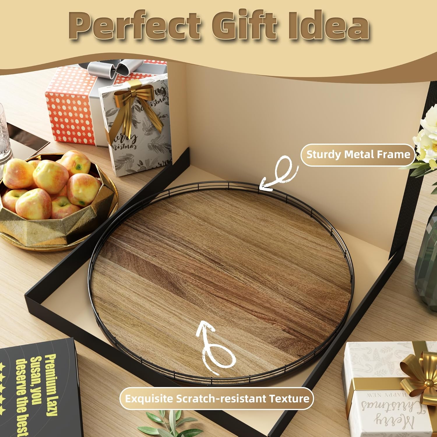 Acacia Wood 21" Lazy Susan Turntable Organizer for Table Top, Farmhouse Extra Large Round Lazy Susan for Serving Kitchen Countertop Cabinet for Charcuterie Centerpiece, Bathroom Vanity Tray Decor