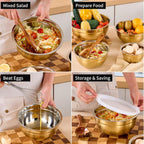 Gold Mixing Bowls with Lids Set of 7, Stainless Steel Nesting Bowl with Khaki Lid for Non-slip Mixing Prepping Storing Serving, 7 Sizes-7/3.6/2.7/2.1/1.5/1/0.8 QT
