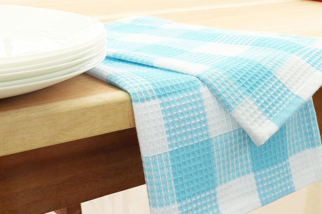 PurpleEssences 100% Cotton Waffle Weave Check Plaid Kitchen Towels, Super Soft and Absorbent Dish Towels for Drying Dishes 15 x 25-4 Pack - Spring Summer - Aqua Blue and White