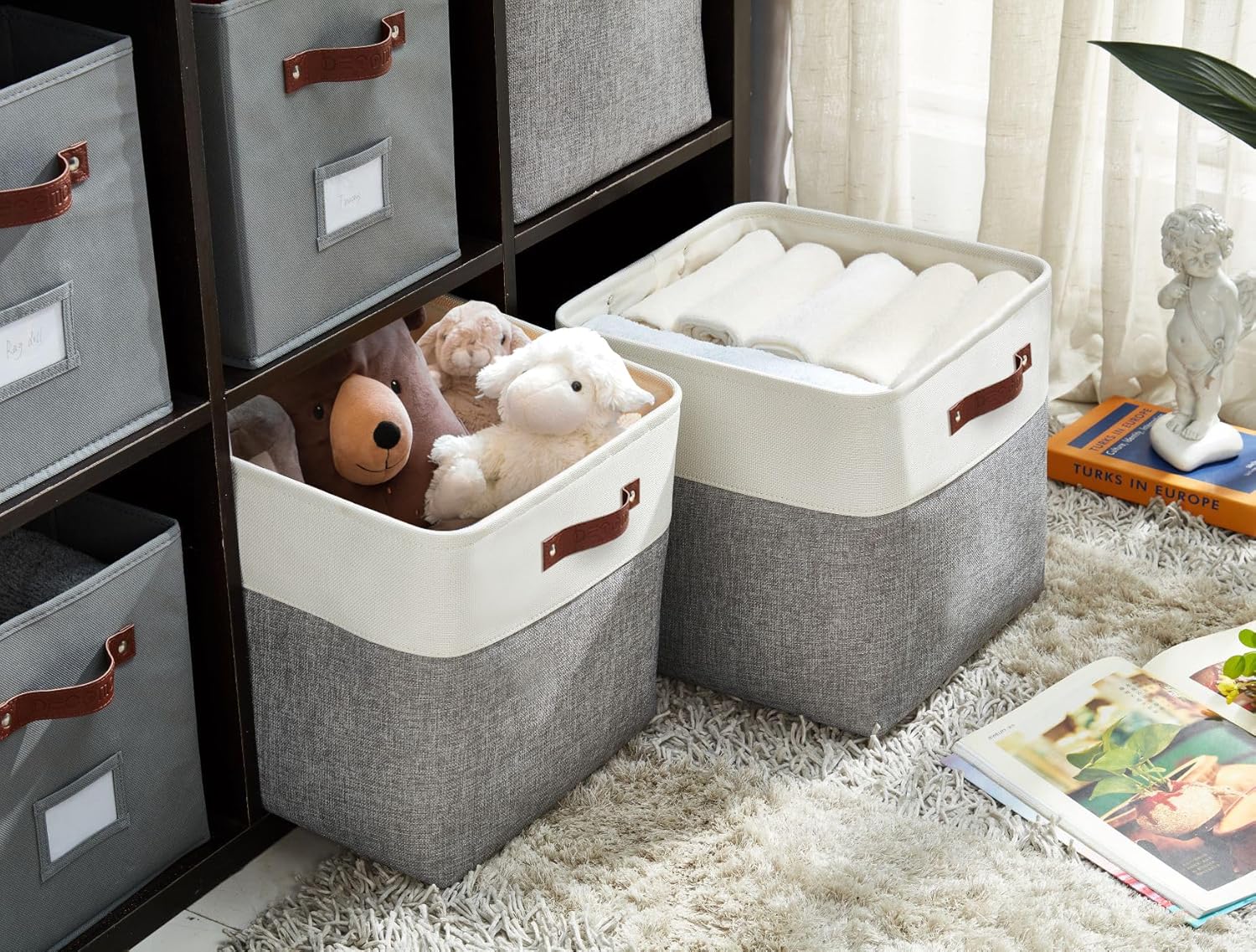 DECOMOMO Storage Cubes, 12x12 Storage Bins, Baskets for Shelves (Grey & White, Cube 12" - 4 Pack)