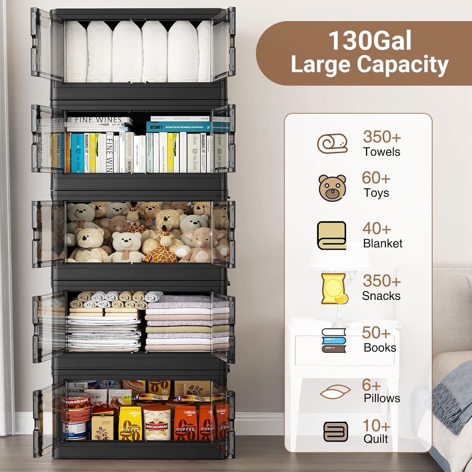 345Qt Stackable Storage Bins with Individual Lids & Wheels, Large Plastic Collapsible Latching Boxes Closet Organizers and Storage Cabinet Shelves Units for Home Kitchen Dorm, 3-Pack Black