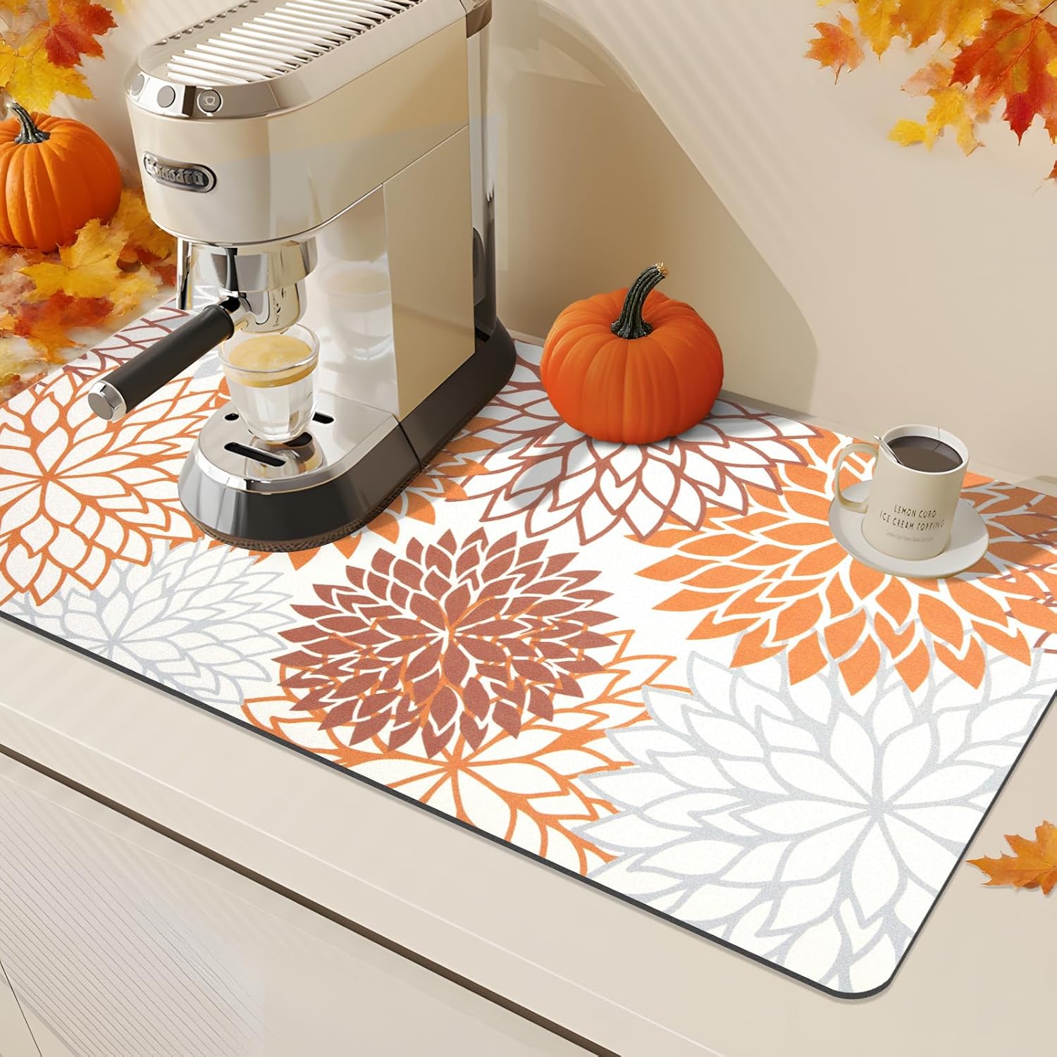 Findosom 2PCS 16" x 24" Dish Drying Mat & 24" x 5.5" Sink Splash Guard, Super Absorbent & Cuttable Dish Mat Drying Kitchen Mat with Orange Floral, Hide Stain Drying Mat for Kitchen Counter