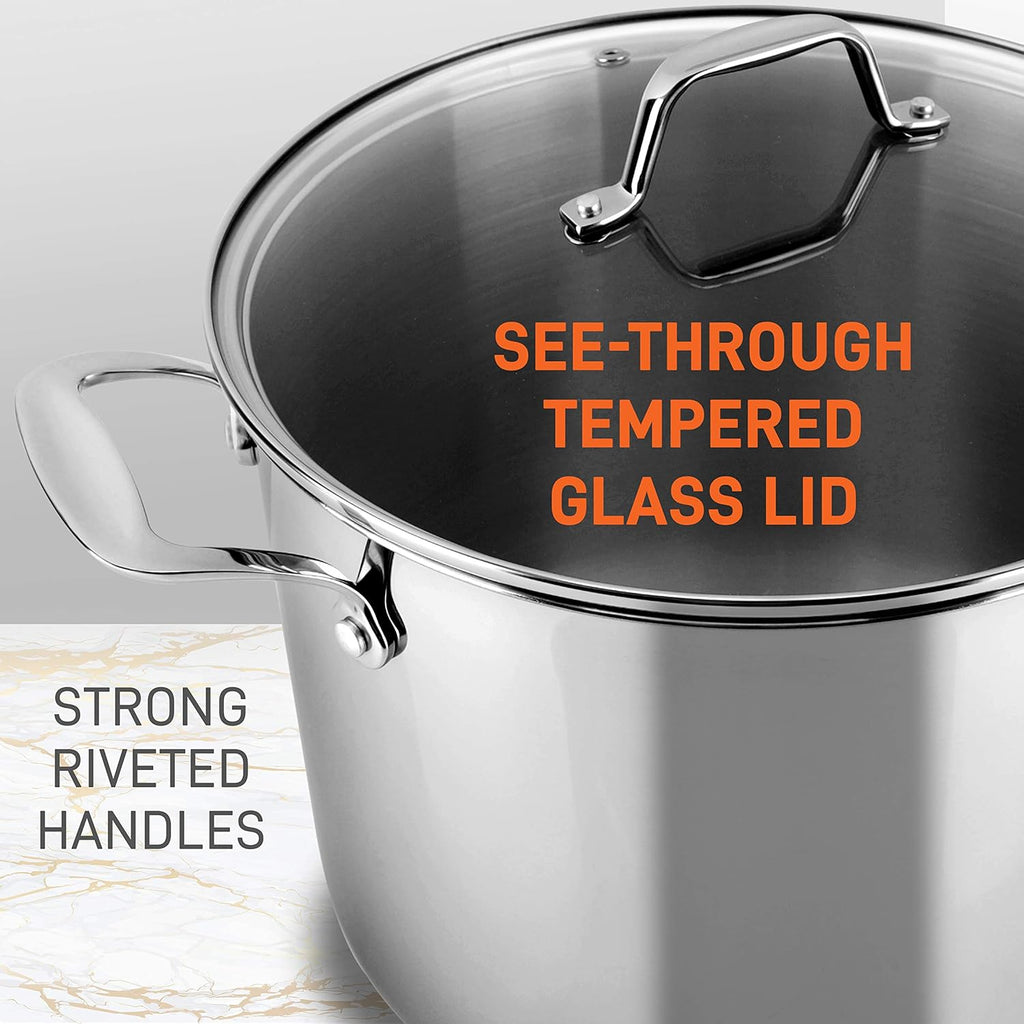 NutriChef 8-Quart Stainless Steel Stock Pot - 18/8 Food Grade Stainless Steel Heavy Duty Induction - Stock Pot, Stew Pot, Simmering Pot with See-Through Lid, Dishwasher Safe - NCSP8
