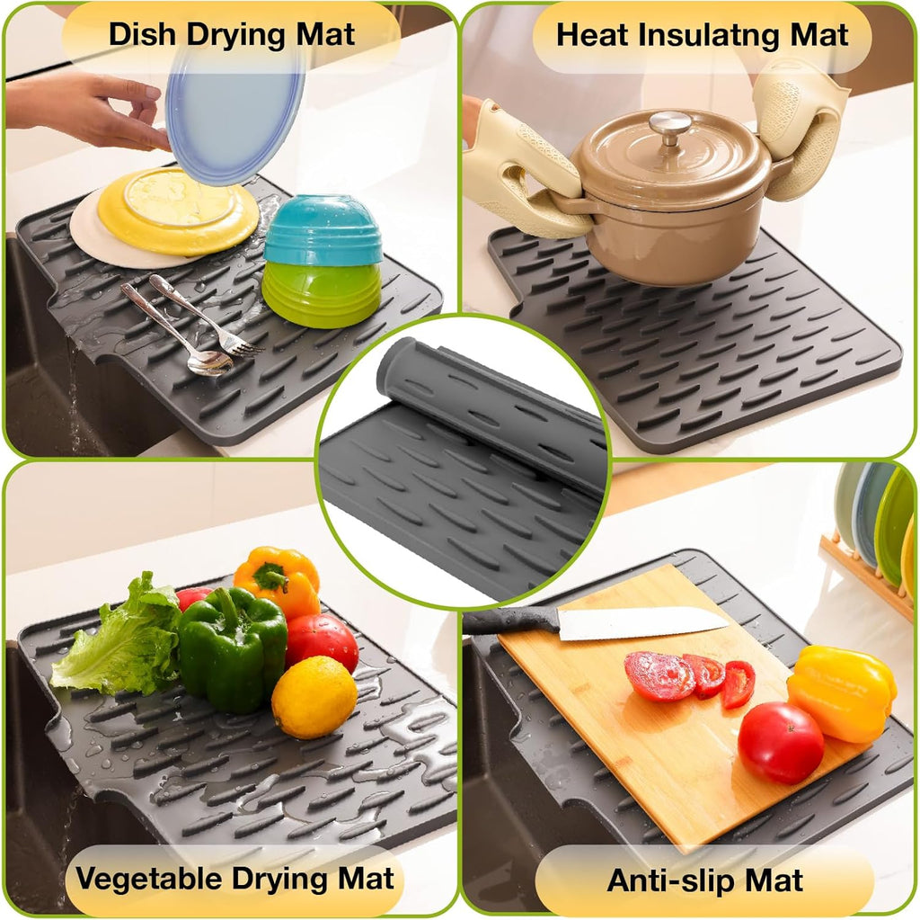 CHIKILLA Silicone Dish Drying Mat for Kitchen Counter, Fast Drainage Design for Vegetables Fruits, Heat Resistant, Non-Slip , Dishwasher Safe – 15.7x13 inch Graphite Gray
