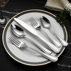 Amazon Basics Silverware Set, Stainless Steel Flatware, Dishwasher Safe, Service for 4, 20-Piece Forks and Spoons, Pearled Edge
