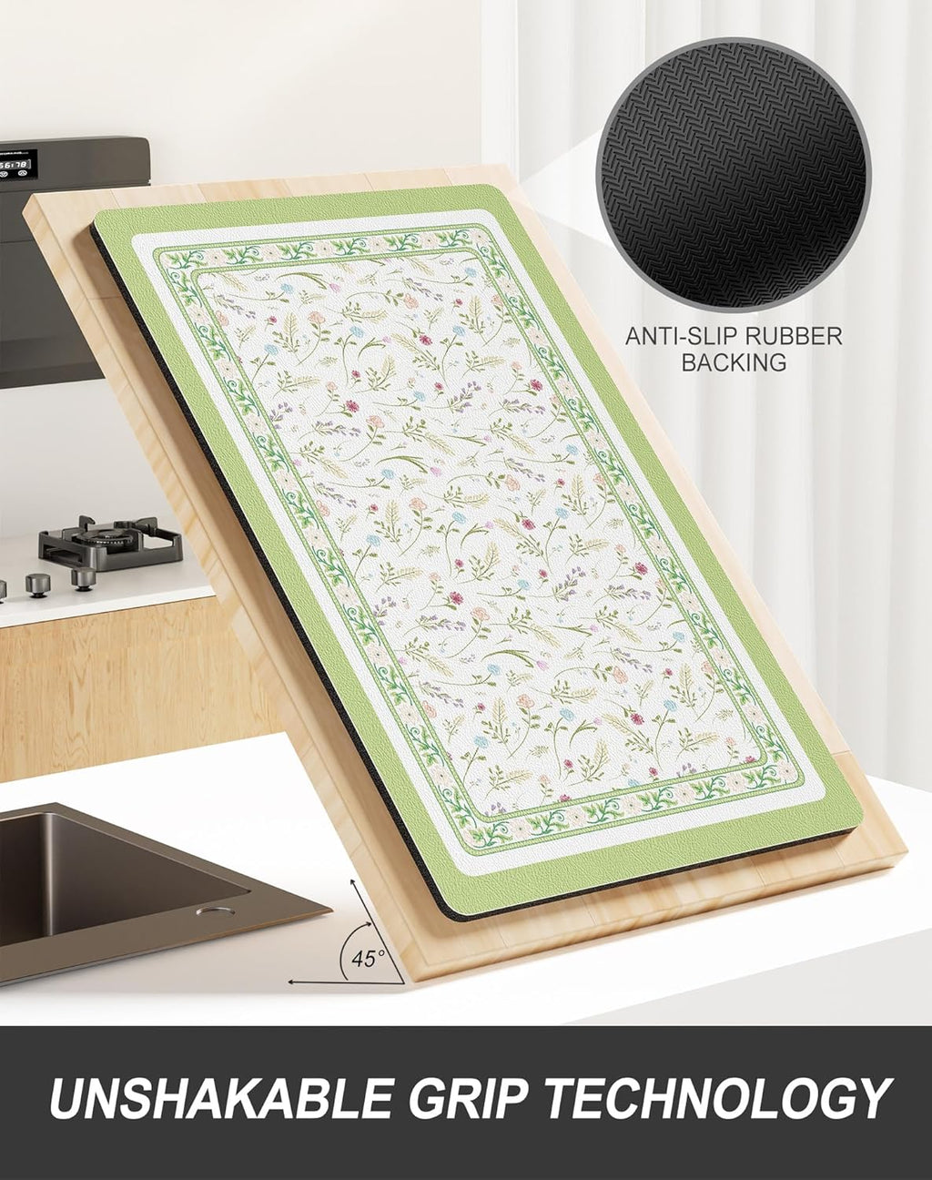 Rnivvi Dish Drying Mat for Kitchen Counter, XL 15 x 24" Cute Flower Theme Absorbent Draining Pad, Non-Slip Heat Resistant Coffee Bar Mat for Coffee Machine Station Accessories, Green Dish Rack Pad