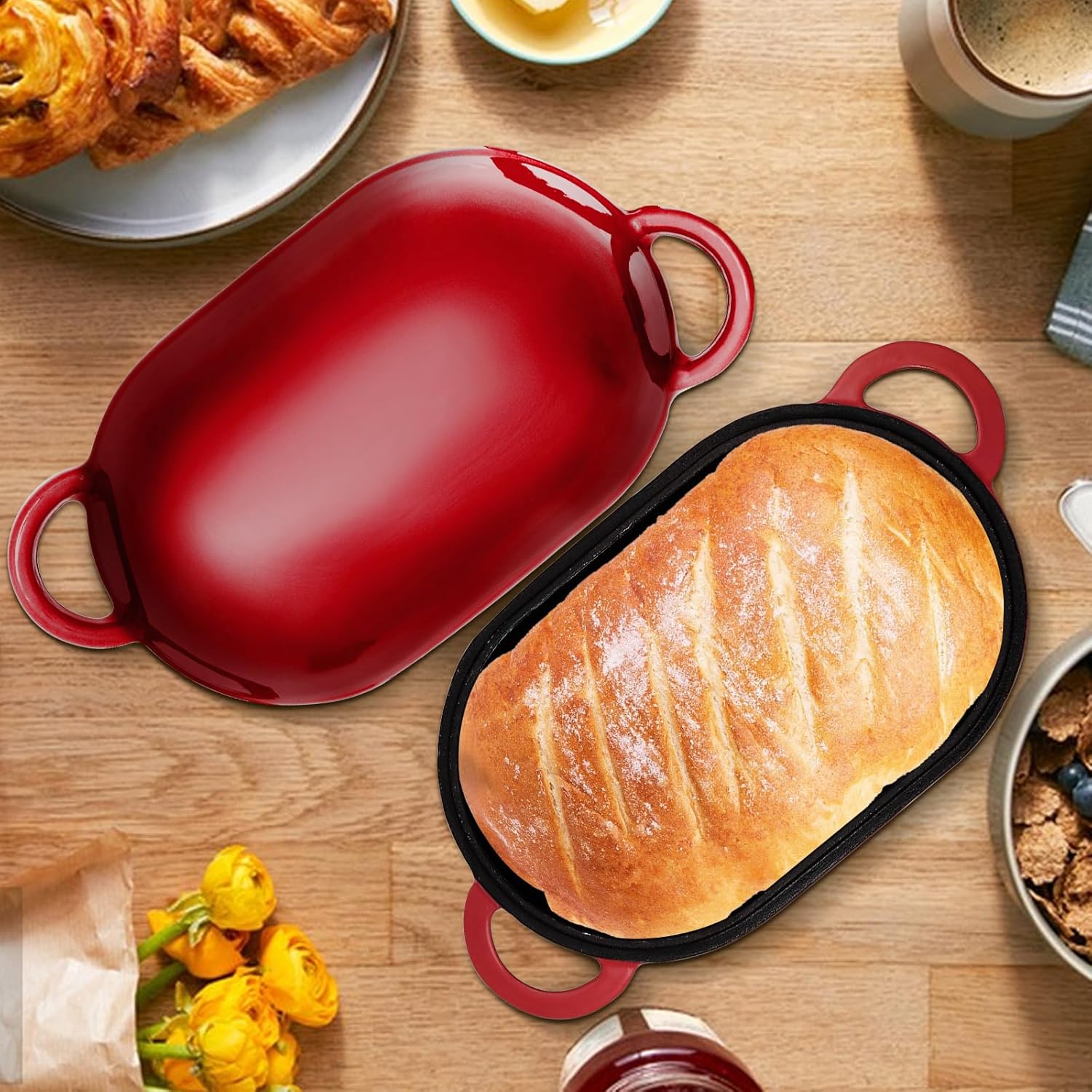 Enameled Cast Iron Bread Oven, 5QT Loaf Cast Iron Bread Pan with Lid, Oval Dutch Oven for Homemade Bread Baking (Gradient Red)