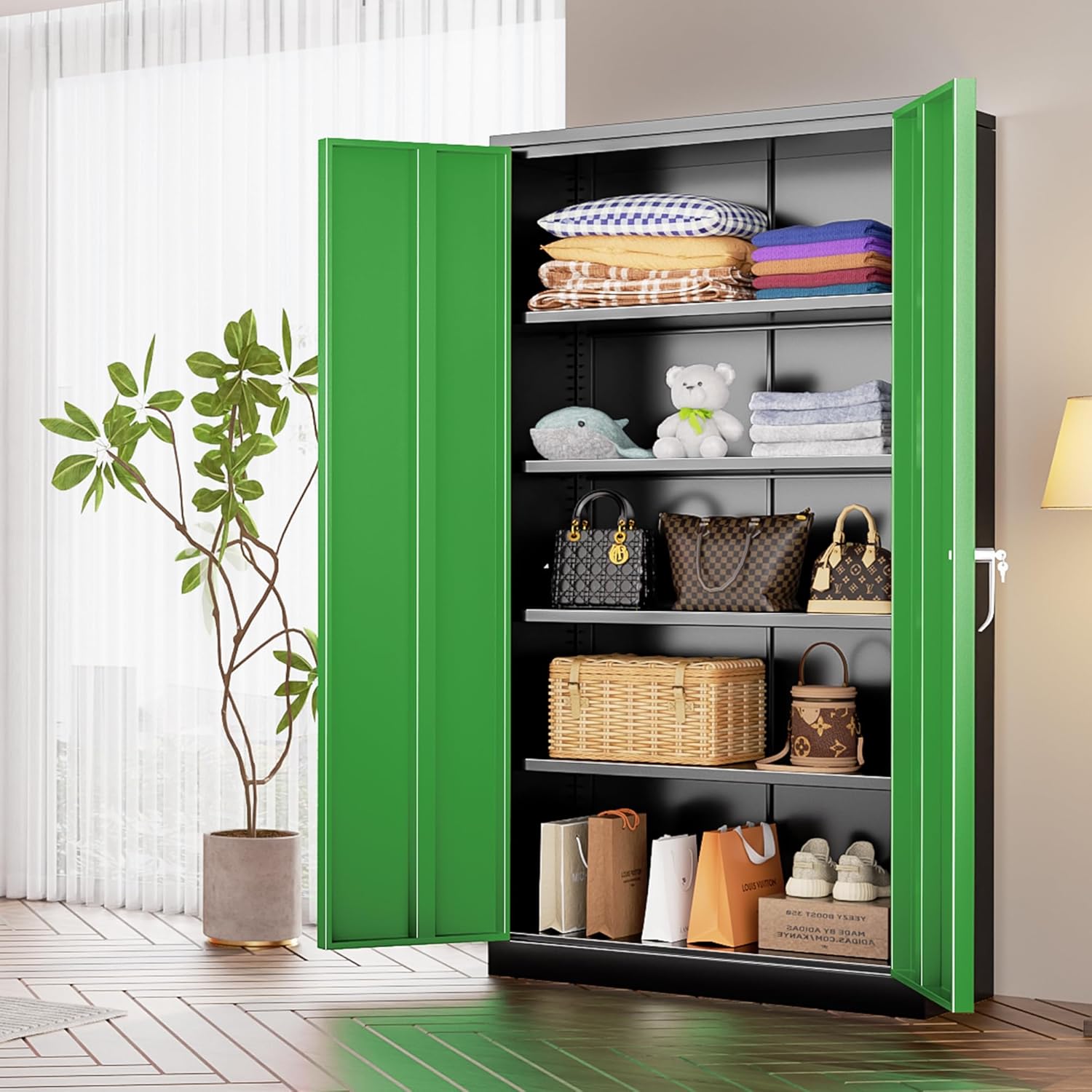 INTERGREAT Storage Cabinet, 72” Steel Locking Closet with Doors and 4 Adjustable Shelves, Tool Unit for Home Office, Garage & Tall Lockable File Cabinet, Black Green.