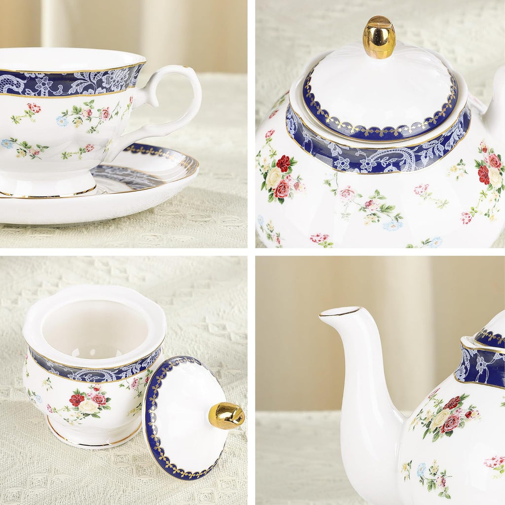 fanquare Bone China Tea Sets for Adults, 21-Piece Blue Lace and Roses Porcelain Tea Service with Sugar Bowl & Creamer, English Cremic Floral Teacups Set of 6 for Women Tea Party