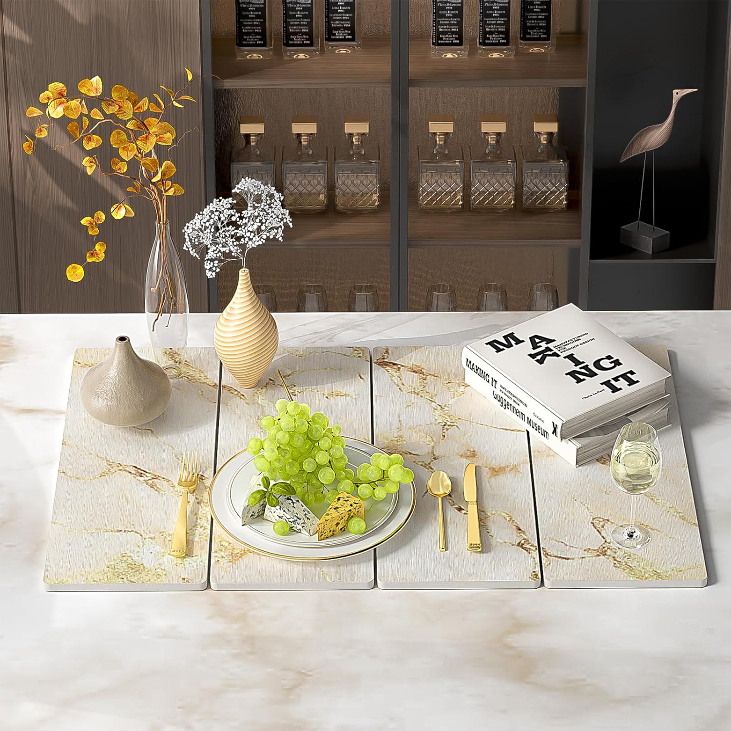 Stone Drying Mat for Kitchen Counter, White with Gold Veins Stone Dish Drying Mat - Diatomite Water Absorbing Drying Stone for Kitchen Counter Mat, Quick Dry Stone Mat Kitchen for Cups Dishes Bottles.