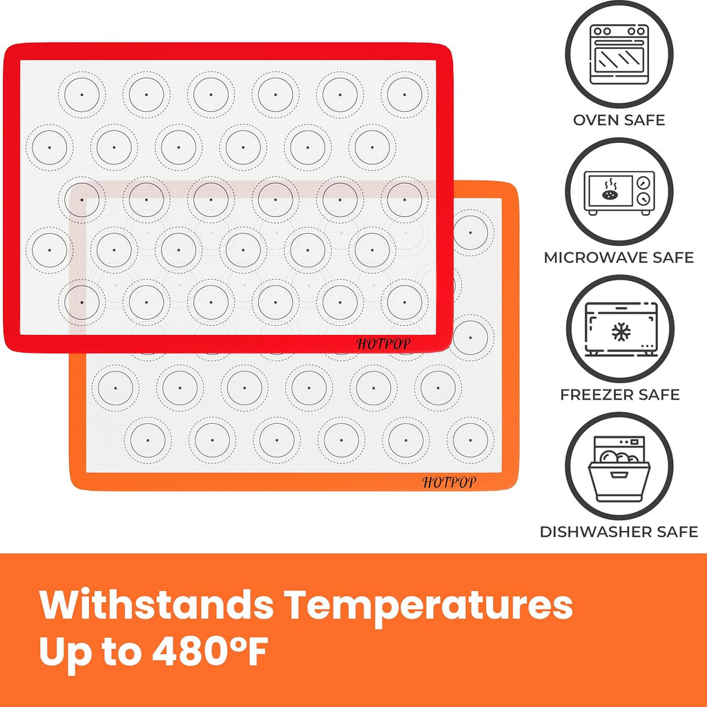 HOTPOP 2-Pack Silicone Baking Sheet Set - No-Stick Cookie Sheets for Baking with Outlined Silicone Mats for Macarons, Pastries, Buns, Bread - 16.5"x11.6" Half, 11.5"x8.5" Quarter Sizes - 0.75mm Thick