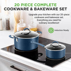 NutriChef Professional 20 Pc Kitchen Set in Navy Blue - Durable Non-Stick Pots and Pans with Bakeware, Compatible with Any Cooktop, Easy Clean