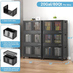 600Qt Stackable Storage Bins with Lids, 150Gal Closet Organizers and Storage Drawer, Plastic Collapsible Storage Bins with Doors, Heavy Duty Store Box Cabinet for Home Office, 6 Pack Black