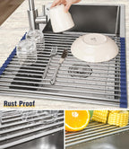 Tomorotec 17.7" x 15.5" Roll Up Dish Drying Rack Over Sink Drying Rack Sink Cover Kitchen Sink Accessories Gadget Multipurpose Organizer Foldable Stainless Steel Drainer