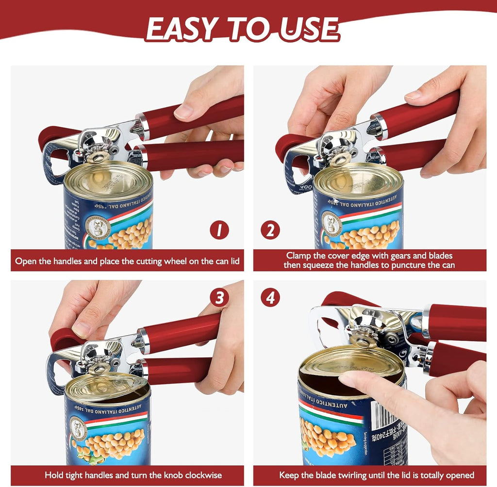 10 Colors, Manual Handheld Heavy Duty Hand can Opener Smooth Edge Stainless Steel, Top Lid Kitchen Gadgets, Best Large Rated Easy Turn Knob, with Bottle Opener, Red