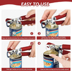 10 Colors, Manual Handheld Heavy Duty Hand can Opener Smooth Edge Stainless Steel, Top Lid Kitchen Gadgets, Best Large Rated Easy Turn Knob, with Bottle Opener, Red