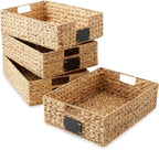 Casafield Set of 4 Water Hyacinth Pantry Baskets, 12-1/2" x 17" x 5", with Chalkboard Labels and Chalk Marker - Natural, Woven Storage Bin Organizers for Kitchen Shelves