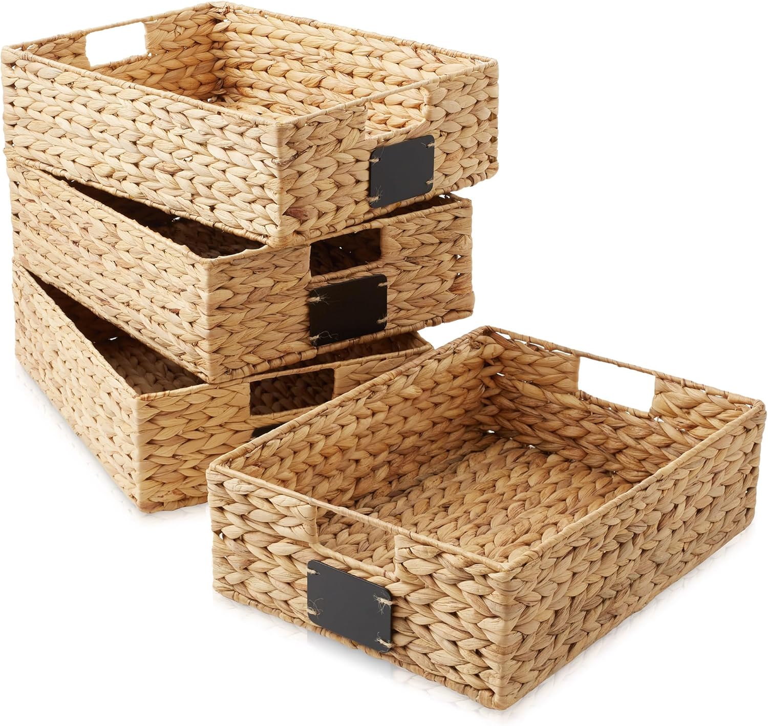 Casafield Set of 4 Water Hyacinth Pantry Baskets, 12-1/2" x 17" x 5", with Chalkboard Labels and Chalk Marker - Natural, Woven Storage Bin Organizers for Kitchen Shelves
