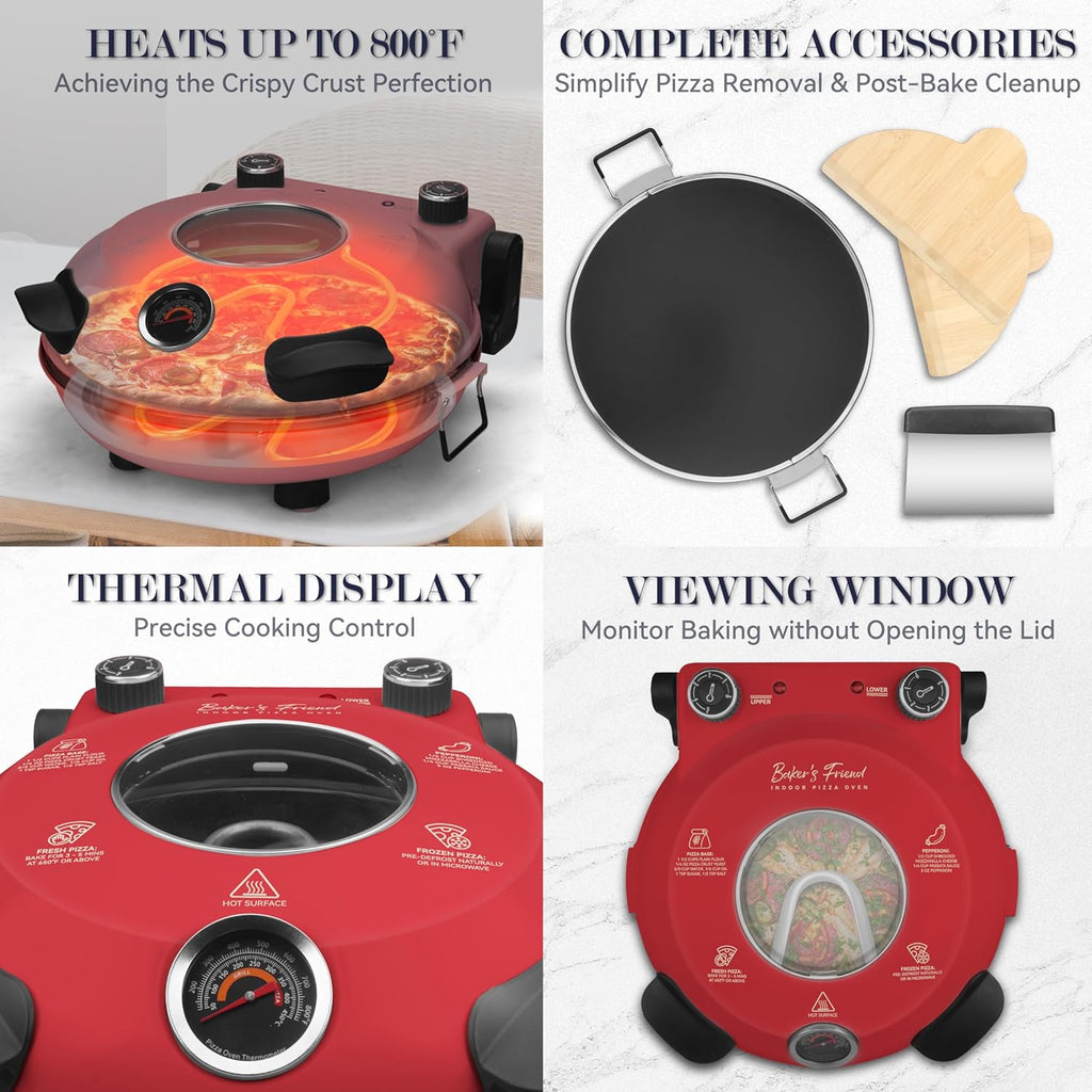 Baker’s Friend Electric Pizza Oven Indoor Countertop, 12 Inch Pizza Maker Machine for Home, Pizza Cooker & Pizza Grill, Premium Glazed Ceramic Stone Pizza Oven, Chilli Red