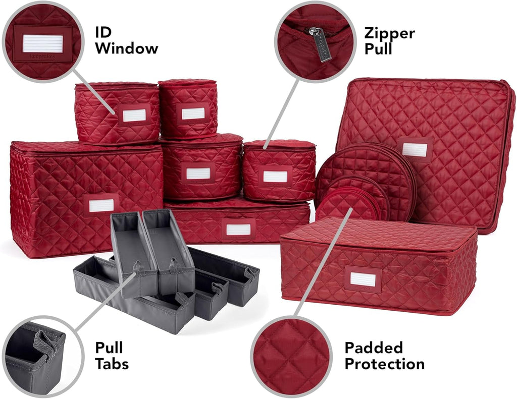 Covermates Keepsakes - Dish Storage Set - Padded Protection - ID Window - Stain Resistant - Machine Washable - China Storage, Red