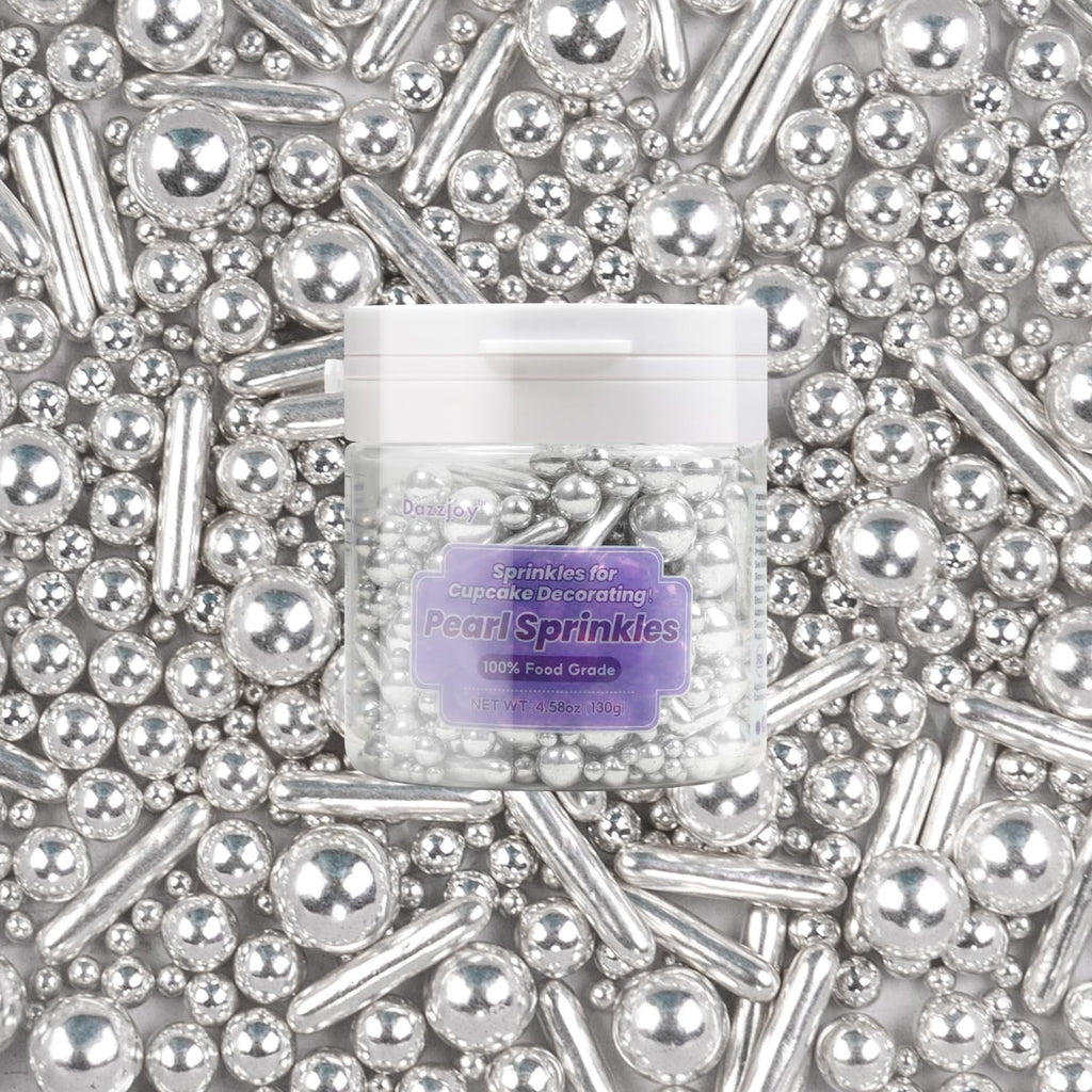 Dazzjoy Silver Pearl Rods Sprinkles, 130g/4.58oz, Mix Size, Pearl Sprinkles for Cupcake Decorating, Cupcake Toppers, Cake Decorations, Ice Cream, Wedding Party Valentines Easter Supplies