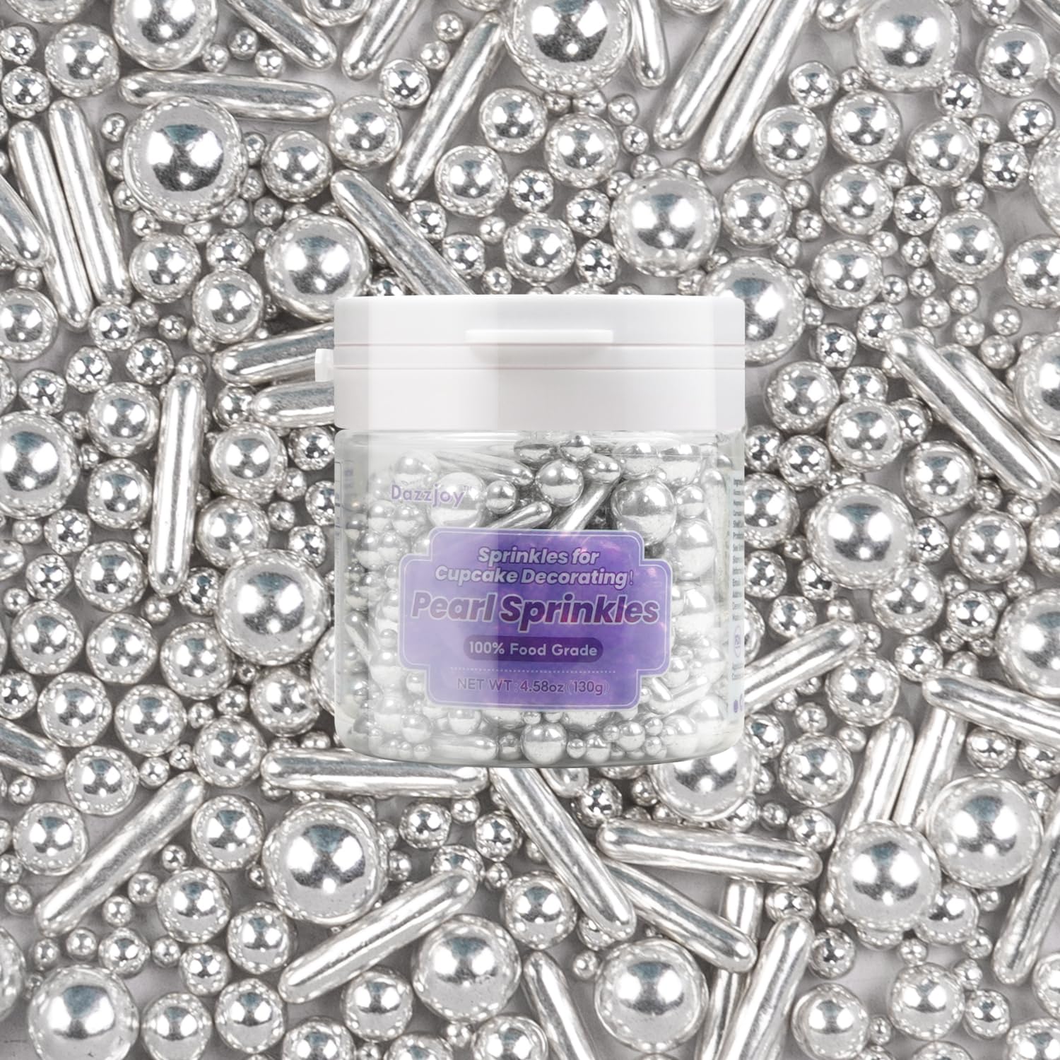 Dazzjoy Silver Pearl Rods Sprinkles, 130g/4.58oz, Mix Size, Pearl Sprinkles for Cupcake Decorating, Cupcake Toppers, Cake Decorations, Ice Cream, Wedding Party Valentines Easter Supplies