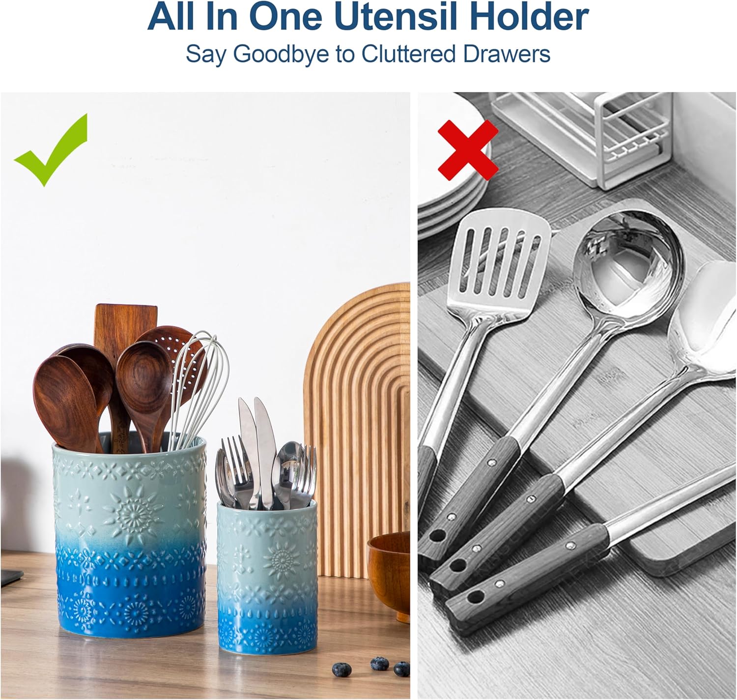 LOVECASA Utensil Holder, 7.2"+5.4" Ceramic Utensil Holder for Countertop, Large Cooking Utensil Crocks for Kitchen Counter, Farmhouse Utensil Vase for Housewarming, Kitchen Decor, Set of 2, Oceans