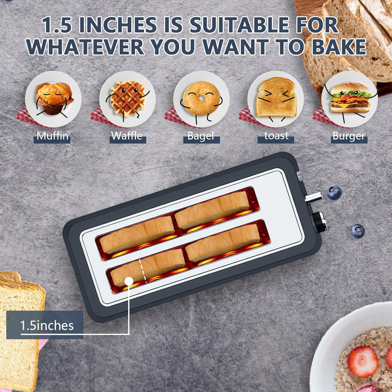 4-Slice Toaster, Extra Wide Long Slot Toaster with Warming Rack, 6 Browning Settings, Bagel/Defrost/Reheat Functions, Removable Crumb Tray, Stainless Steel Housing 1350W (2, Matte Blue)