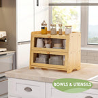 Double Layer Bread Box for Kitchen Countertop, Large Breadbox Bread with Windows, Wooden Farmhouse Bread Holder (Natural Bamboo)