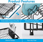 JASIWAY in Sink Dish Drying Rack, Expandable Stainless Steel Dish Drainers for Kitchen Sink, Over Sink Dish Drying Rack with Utensil Holder, 13.1''~16.6''D x 11.8''W, Black