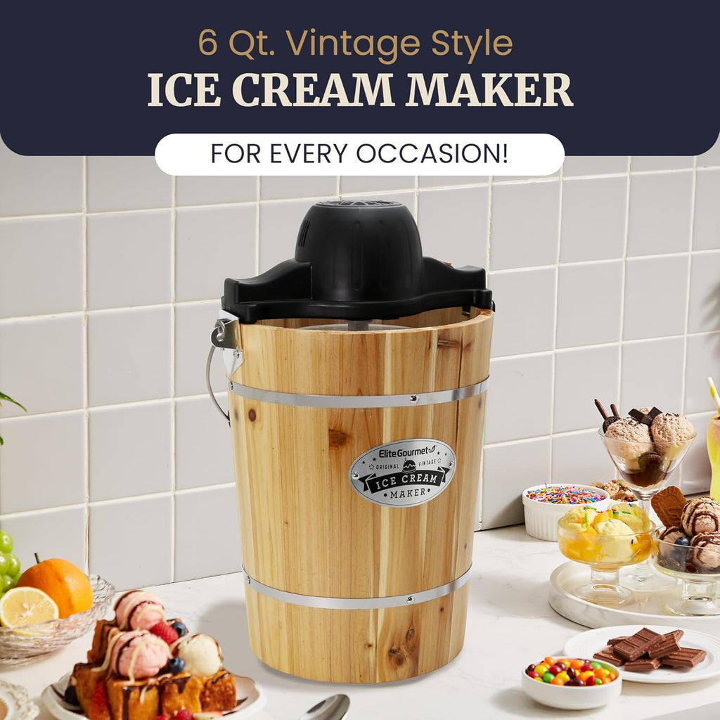 Elite Gourmet EIM916X Old Fashioned 6 Quart Vintage Wood Bucket Electric Ice Cream Maker Machine Appalachian, Bonus Classic Die-Cast Hand Crank for Churning, Uses Ice and Rock Salt
