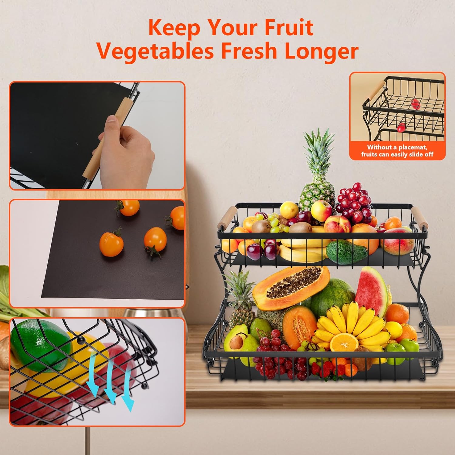 2 Tier Countertop Fruit Basket with 2 Protective Mats for Kitchen, Detachable Metal Organizer for Bread Vegetable Fruits with Wooden Handle, Large Capacity Rectangular Storage Stand Bowls, Black