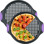 Amazing Abby - Chef Stacy - 2-Pack 13-Inch Non-Stick Pizza Pan with Holes, Perforated Pizza Crisper with Heat-Resistant Silicone Handle Grips, Oven-Safe Bakeware, Carbon Steel Baking Pan for Oven
