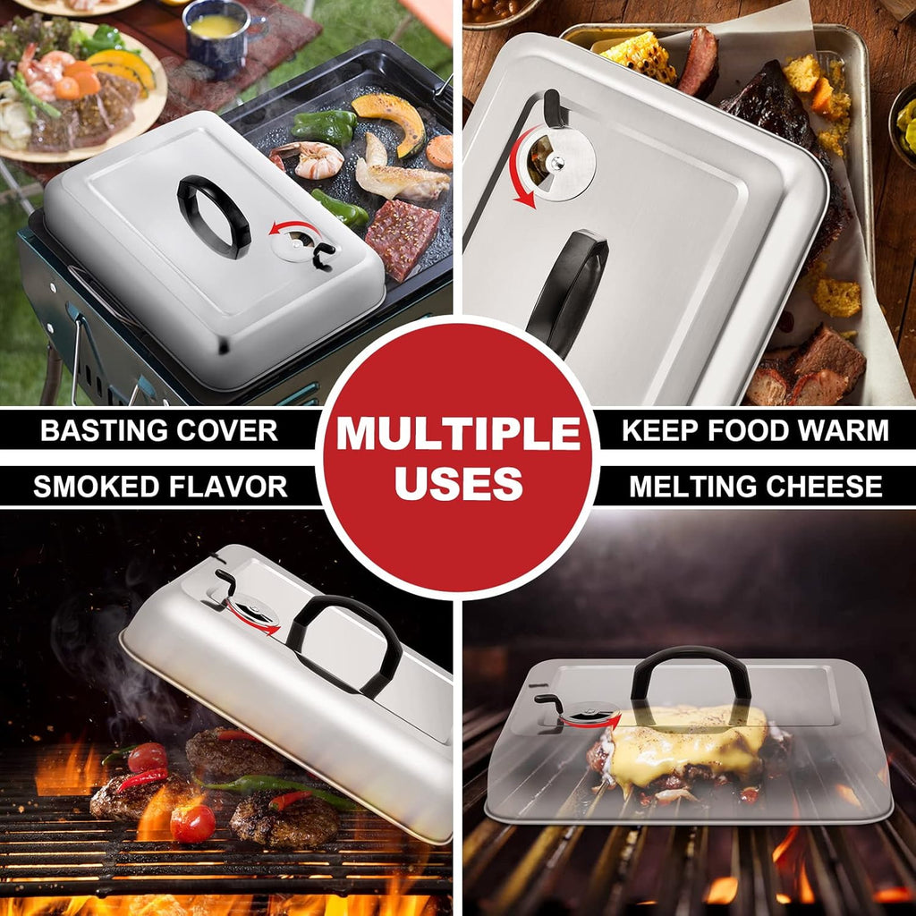 13 x 9.75Inch Cheese Melting Domes, HaSteeL Rectangular Basting Steam Cover with Adjustable Vent, Heavy Duty Stainless Steel Grill Lid for Flat Top Griddle Outdoor & Indoor, Dishwasher Safe(2-Pack)
