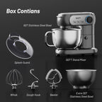 Stand Mixer, 3.5QT+6QT Two Bowls Kitchen Electric Mixer, 600W 6+P speed Tilt-Head Food Mixer with Stainless Steel Bowl, Dishwasher-Safe Dough Hook, Flat Beater, Wire Whisk, Splash Guard, Grey