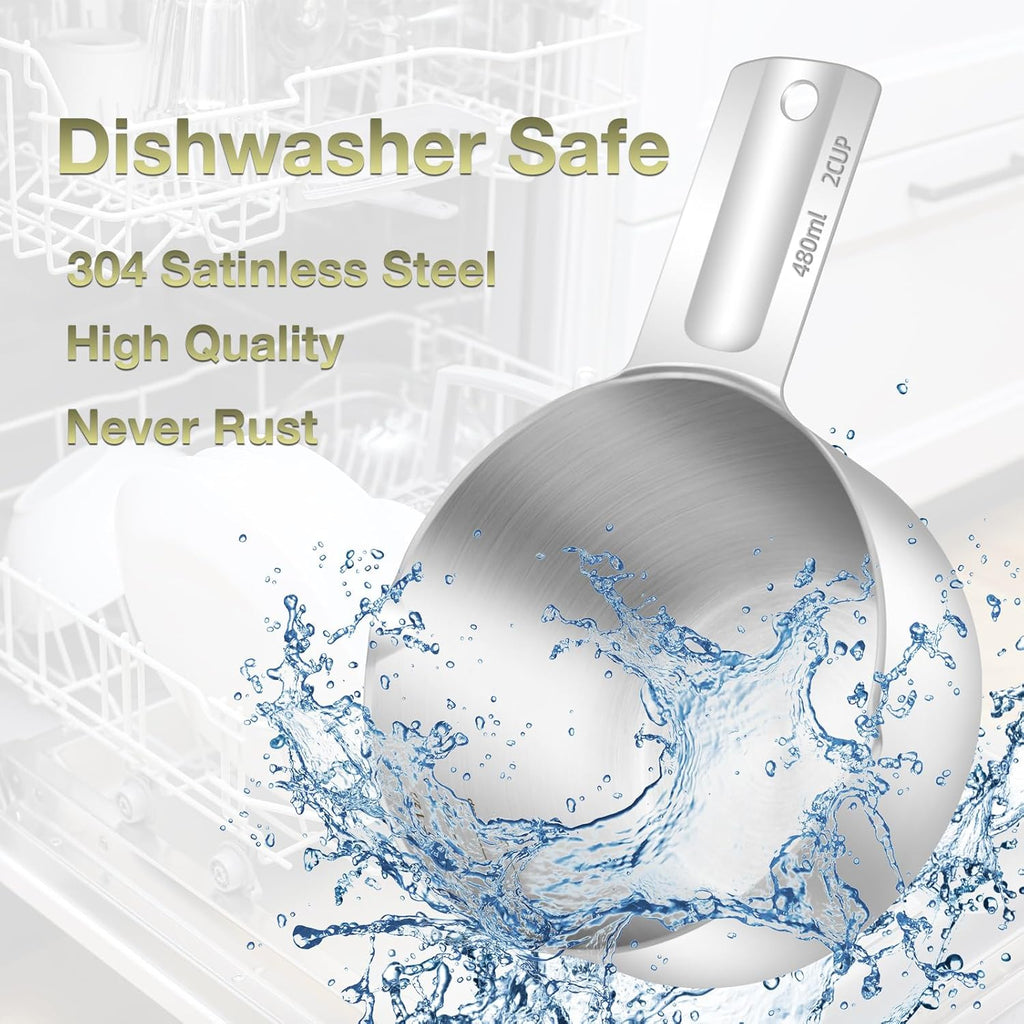 2PCS Stainless Steel Measuring Cup Set, Includes 2Cup(480ml, 16oz) and 1Cup (240ml, 8oz), Etched Inner Scale Measure Scoop, Metric and US Measurement, Dishwasher Safe