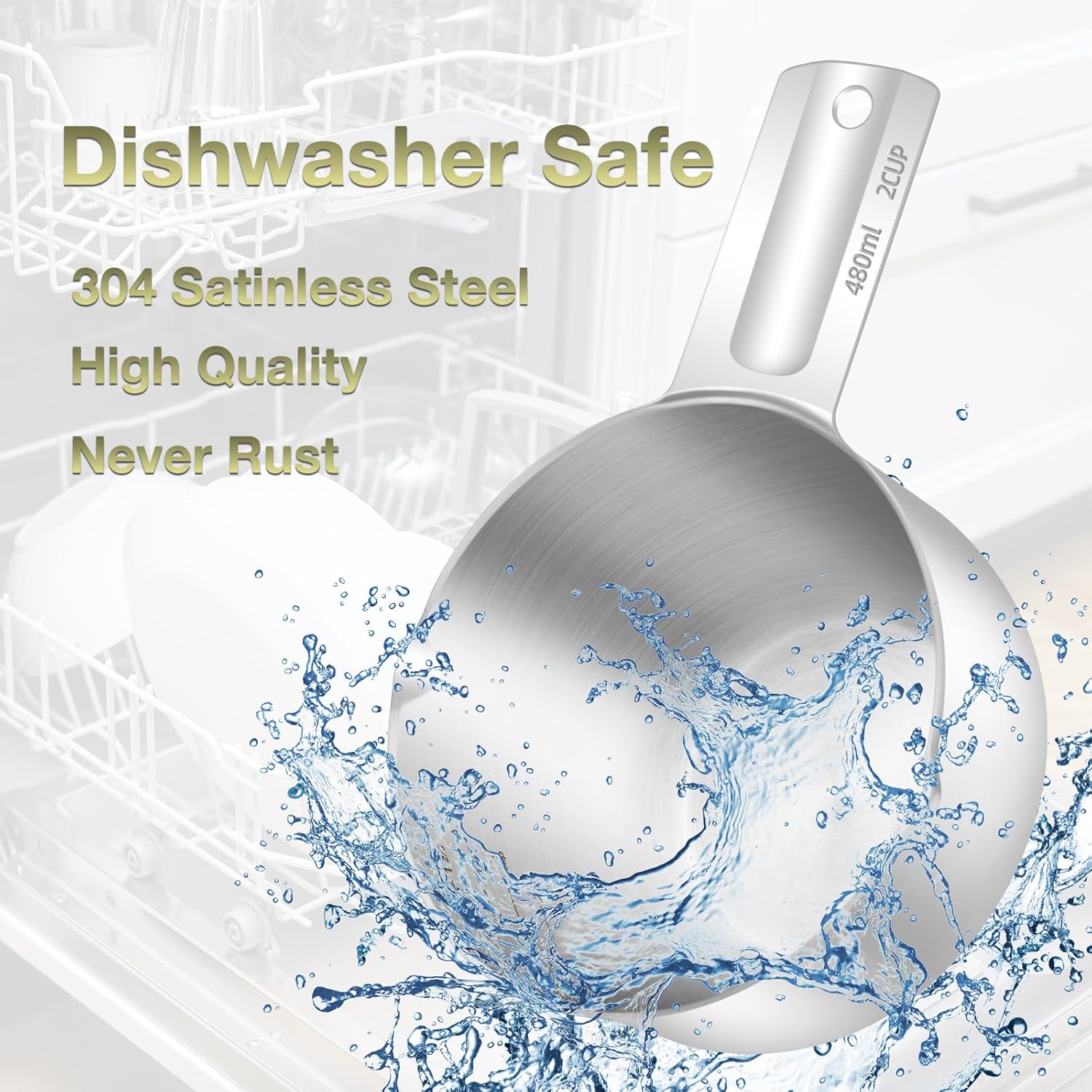 2PCS Stainless Steel Measuring Cup Set, Includes 2Cup(480ml, 16oz) and 1Cup (240ml, 8oz), Etched Inner Scale Measure Scoop, Metric and US Measurement, Dishwasher Safe