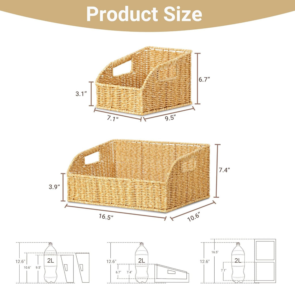 Wicker Baskets for Organizing,Pantry, Kitchen Counter with Handles, Handwoven Woven Storage Baskets for Fruit, Bread, Vegetable, Waterproof Plastic Storage Bins for Shelves, 3 Pack, Natural