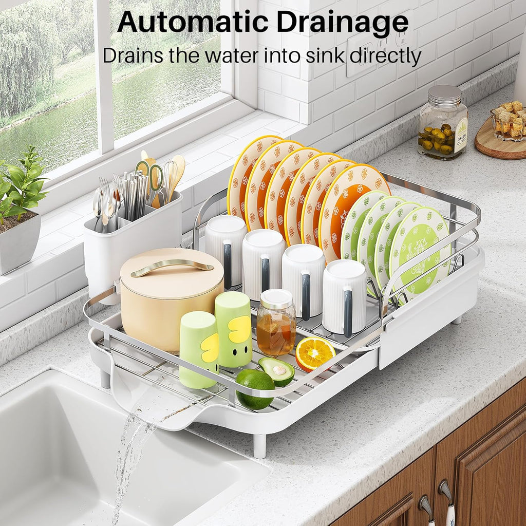 SAYZH Dish Drying Rack - Expandable Dish Rack for Kitchen Counter, Rust-Resistant Dish Drainer with Utensil Holder and Raised Guardrail, Kitchen Organizer for Cup and Bottle (White)