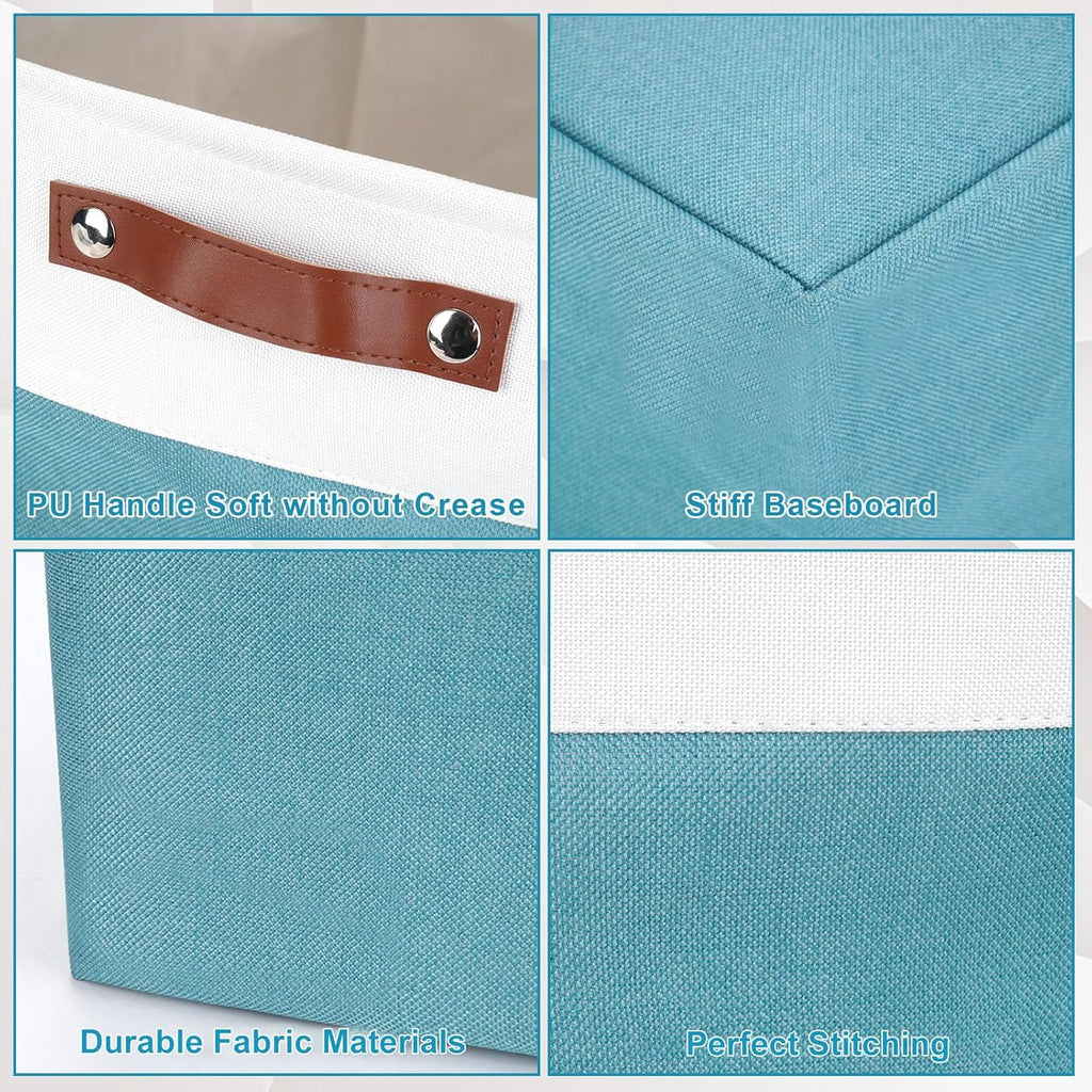 13x13 Cube Storage Bins, Collapsible Fabric Storage Box, 4 Pack Closet Baskets with Handles for Organizing, Shelf, Toys, Clothes, Home, Office, Nursery (Teal&White)